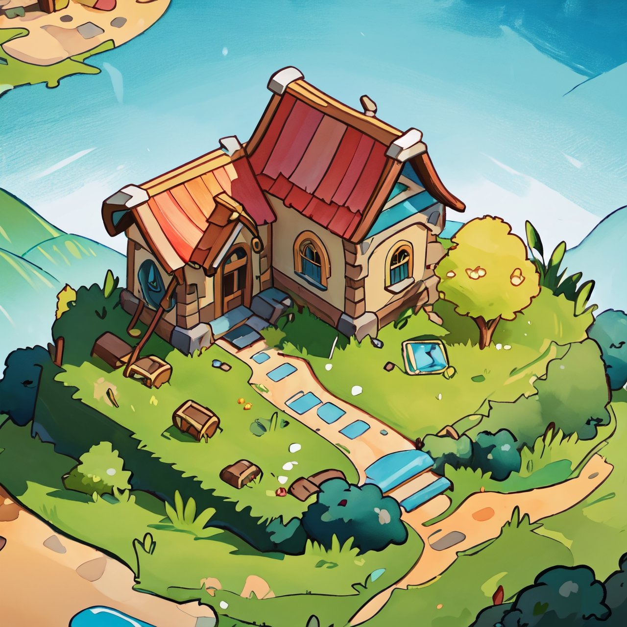 masterpiece,(best quality:1.3),beautiful lightning, vibrant colour, ((isometric view)), grass land, little village, crude watercolour painting,  big brushstrokes, 6 colours, cartoon, Isometric_Setting, house cover, 欧美卡通