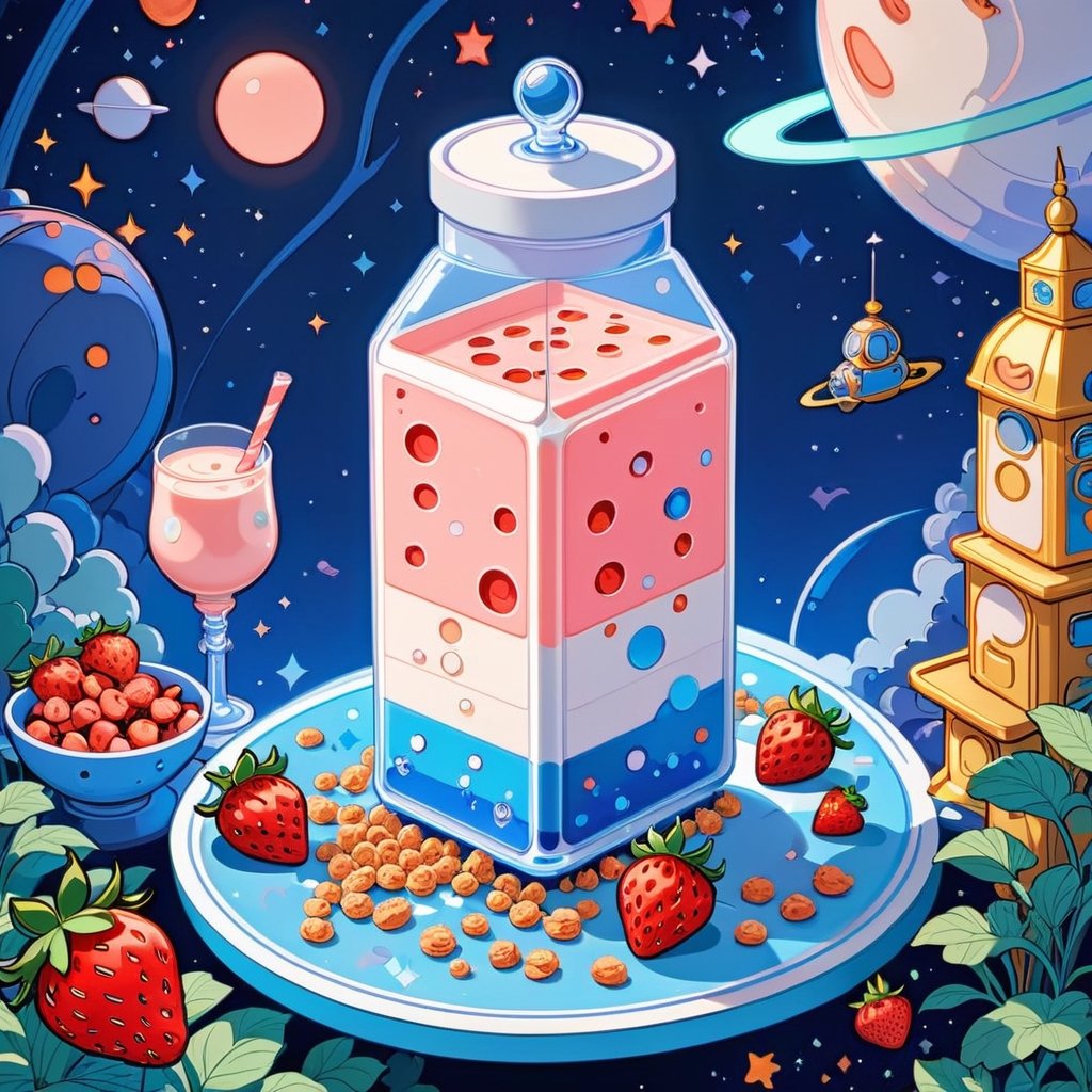 milk carton attachment with strawberry milk and small cereal inside, stylized,spacial colors, ohwx style,bubble,space station night,dreamy,luxurious,pixel art style,white and blue and shinning colors,simplified space station background,3d style,oni style