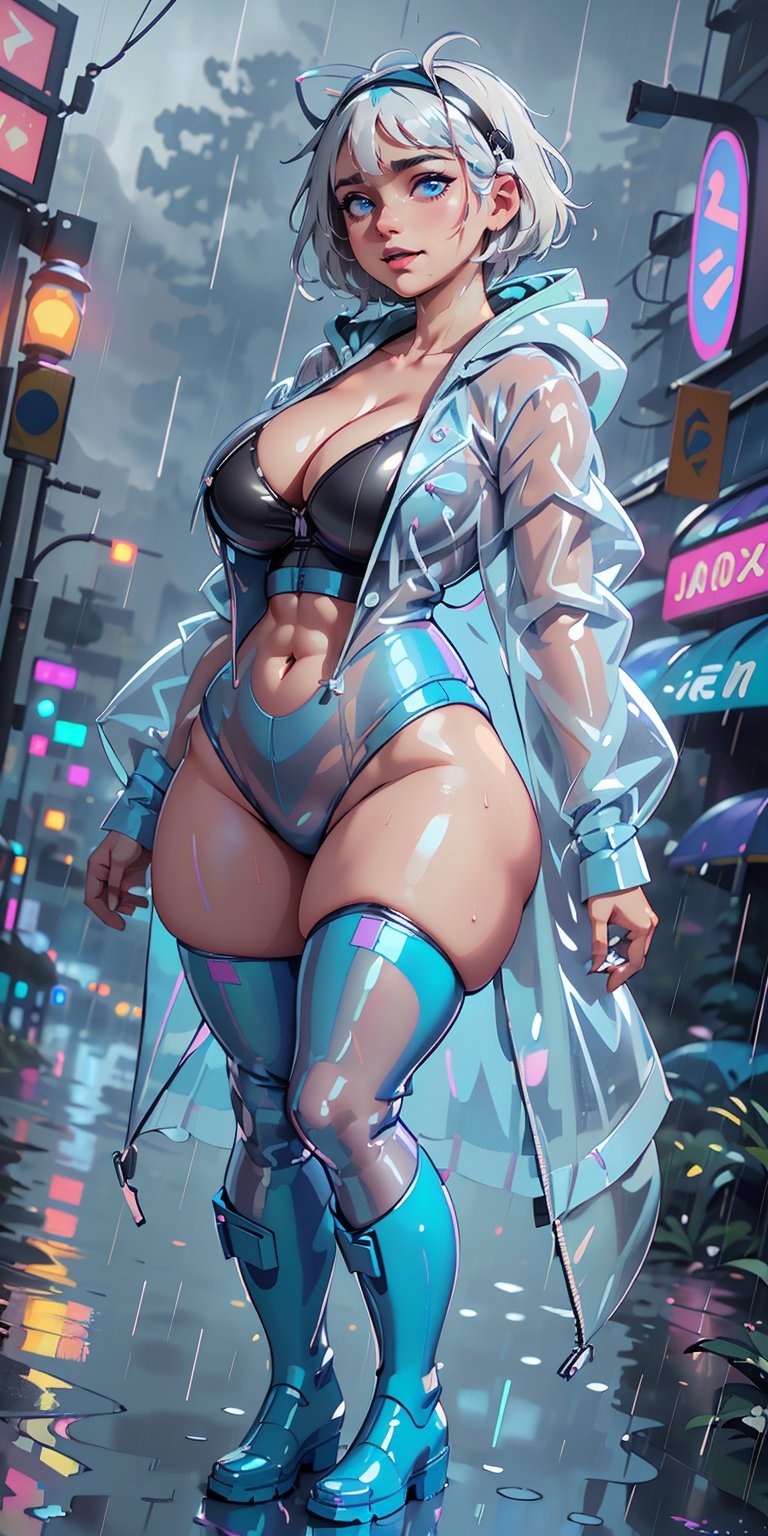 ((1 girl, adorable, happy)), ((transparent raincoat, hoodie, cleavage, rainboots)), (hairband, white hair, short hair, blue eyes, makeup), (large breasts, large ass, thick thighs, wide hips, abs, voloptuous), More detail, on asphalt, night city, (heavy rain:1.3), wet, neon lights, perfect lighting