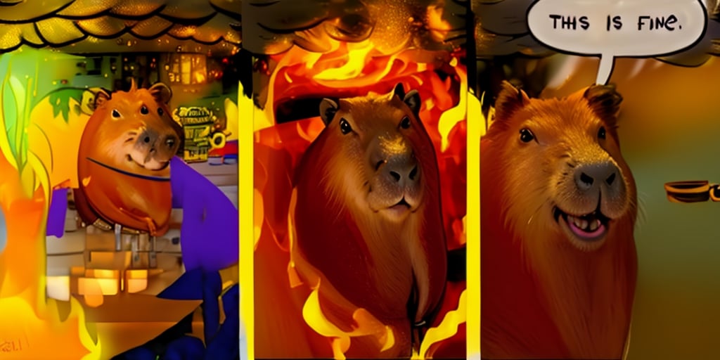 
INCRSTHISISFINEMEME,SOLO, FIRE, MUG,
 1capybara, drinking,
,IncrsThisIsFineMeme