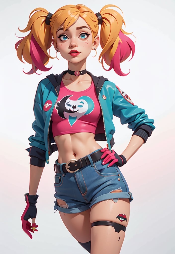 masterpiece, best quality, (extremely detailed CG unity 8k wallpaper, masterpiece, best quality, ultra-detailed, best shadow), (detailed background), (beautiful detailed face, beautiful detailed eyes), High contrast, (best illumination, an extremely delicate and beautiful), pikkyharleyquinn, 1girl, solo, looking at viewer, blonde hair, multicolored hair, blue hair, pink hair, twintails, long hair, bangs, blue eyes, green eyes, breasts, small breasts, red lips, choker, shorts, pantyhose, jacket, makeup, midriff, navel, lipstick, belt, shirt, tattoo, jersey, t-shirt, torn clothes, crop top, multicolored clothes, torn pantyhose, multicolored jacket, short shorts, nail polish, 
lora:HarleyQuinn:0.8
,Harley