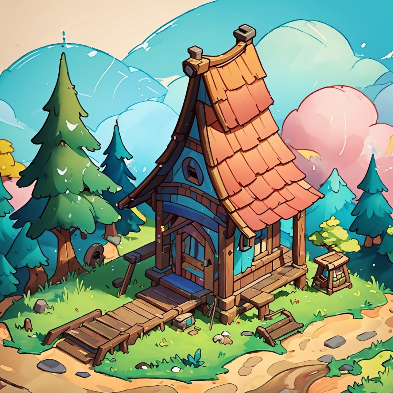 masterpiece,(best quality:1.3),beautiful lightning, vibrant colour, ((isometric view)),  little village, Wooden house in the forest, crude watercolour painting,  big brushstrokes, 6 colours, cartoon, Isometric_Setting, house cover, 欧美卡通,Isometric_Setting,LOFI