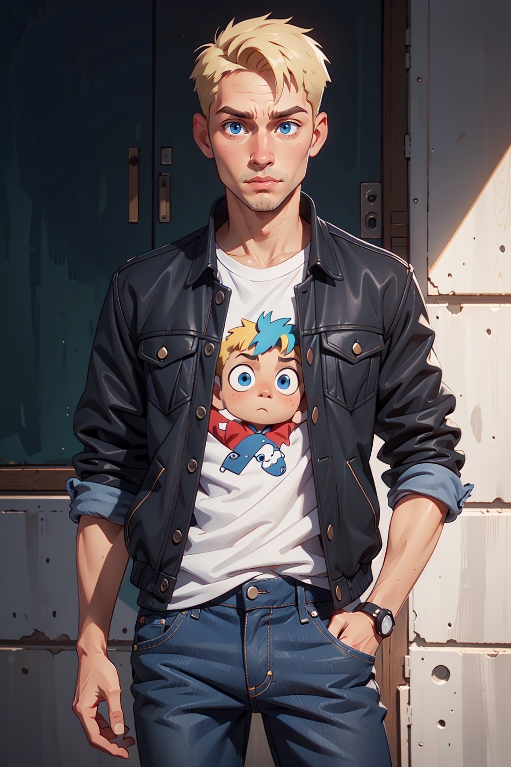 (masterpiece), best quality, raw photo, 1boy, Reiner Braun, blue eyes, jeans, black Jacket, looking_at_viewer, extremely detailed. 