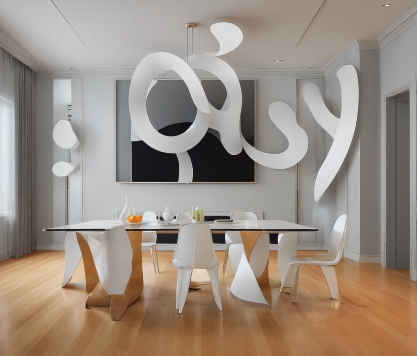 Dining room, modern black and white mat under the table, large rectangle wooden table, six high back elegant chairs,  ((same chairs)), 4 led lights on roof,art_deco_fusion, elegant pictures on the wall,interior, pearly color walls. vibrant colors