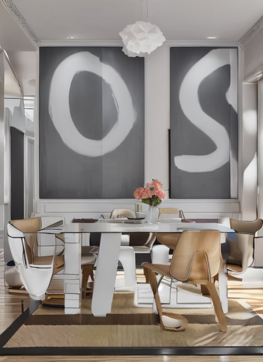 Dining room, modern black and white mat under the table, large rectangle wooden table, six high back elegant chairs,  ((same chairs)), 4 led lights on roof,art_deco_fusion, elegant pictures on the wall,interior, pearly color walls. vibrant colors