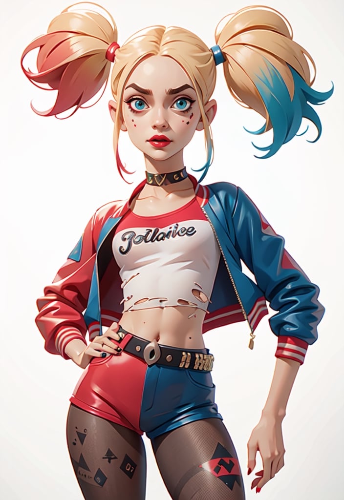 masterpiece, best quality, (extremely detailed CG unity 8k wallpaper, masterpiece, best quality, ultra-detailed, best shadow), (detailed background), (beautiful detailed face, beautiful detailed eyes), High contrast, (best illumination, an extremely delicate and beautiful), pikkyharleyquinn, 1girl, solo, looking at viewer, blonde hair, multicolored hair, blue hair, pink hair, twintails, long hair, bangs, blue eyes, green eyes, breasts, small breasts, red lips, choker, shorts, pantyhose, jacket, makeup, midriff, navel, lipstick, belt, shirt, tattoo, jersey, t-shirt, torn clothes, crop top, multicolored clothes, torn pantyhose, multicolored jacket, short shorts, nail polish, 
lora:HarleyQuinn:0.8
,Harley