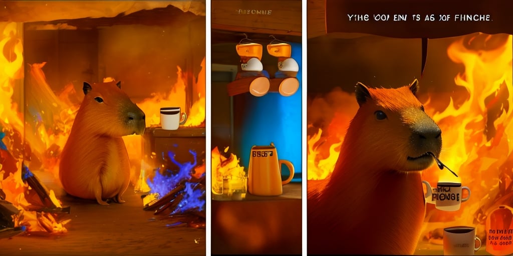 
INCRSTHISISFINEMEME,SOLO, FIRE, MUG,
 1capybara, drinking,
,IncrsThisIsFineMeme