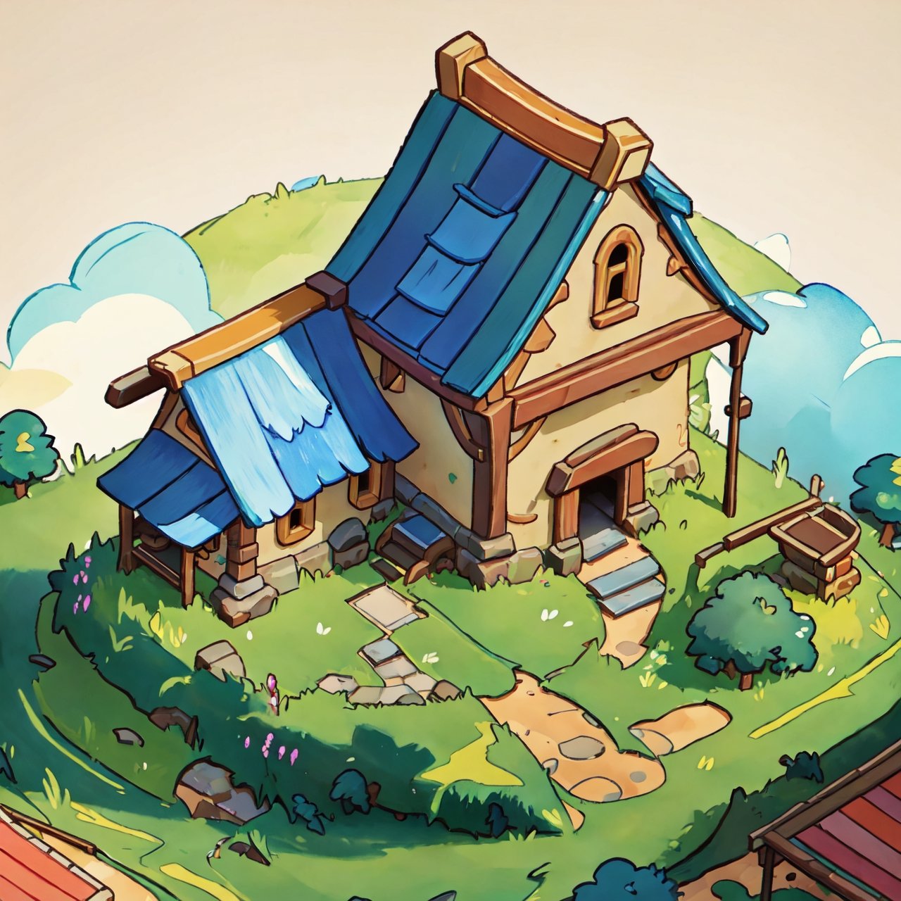 masterpiece,(best quality:1.3),beautiful lightning, vibrant colour, ((isometric view)), grass land, little village, crude watercolour painting,  big brushstrokes, 6 colours, cartoon, Isometric_Setting, house cover, 欧美卡通