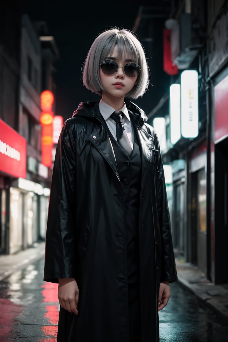 A beautiful indonesian girl killer with grey bob haircut and sunglasses standing in the dark street corner, wearing tie and suit with black raincoat, epic neon light background, mist, depth of field, cinematic, masterpiece, best quality, high resolution 