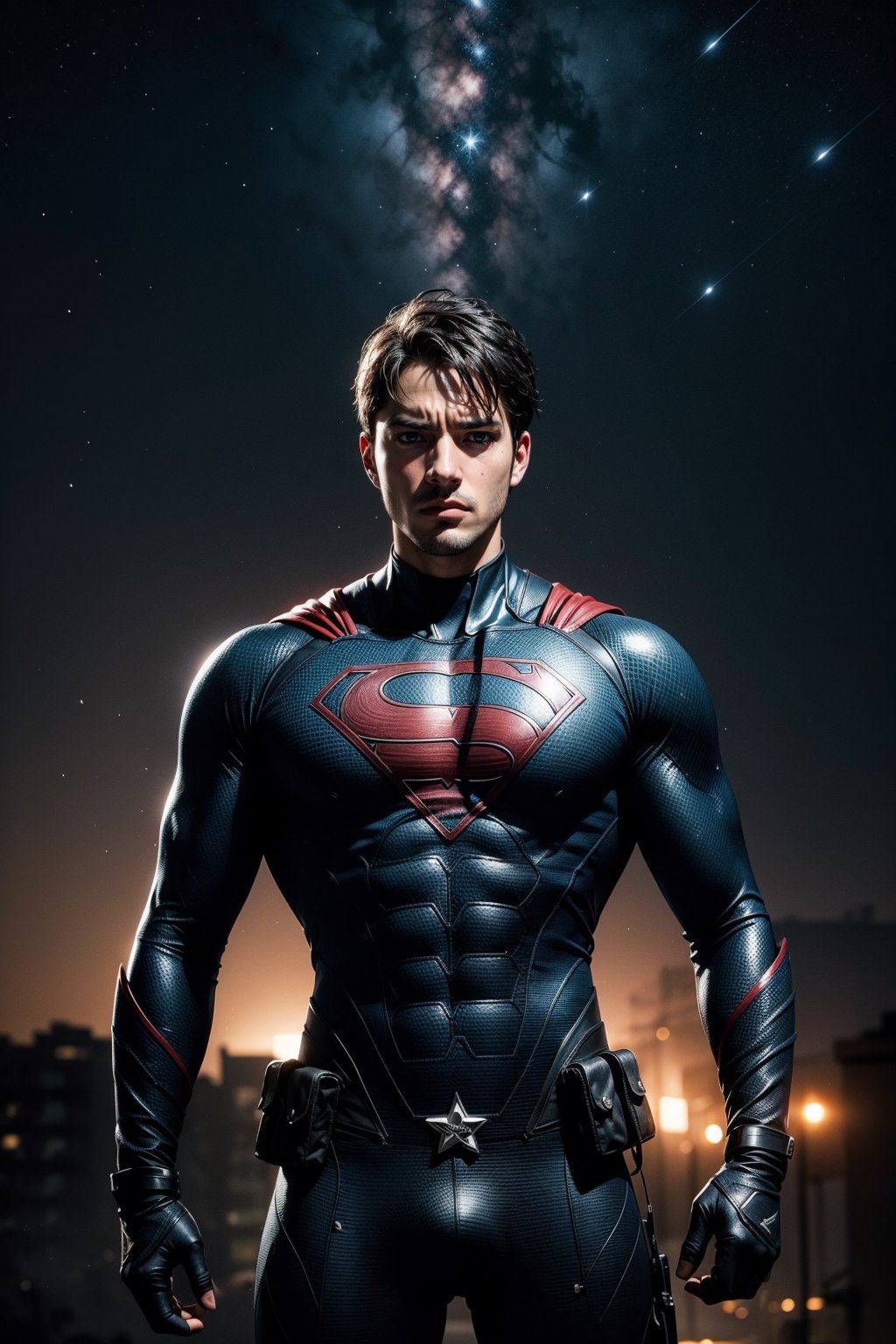 A hyperrealistic, cinematic-still portrait of a superhero, standing in a heroic pose, with a determined expression and a backdrop of a star-filled night sky, masterpiece, best quality, high resolution