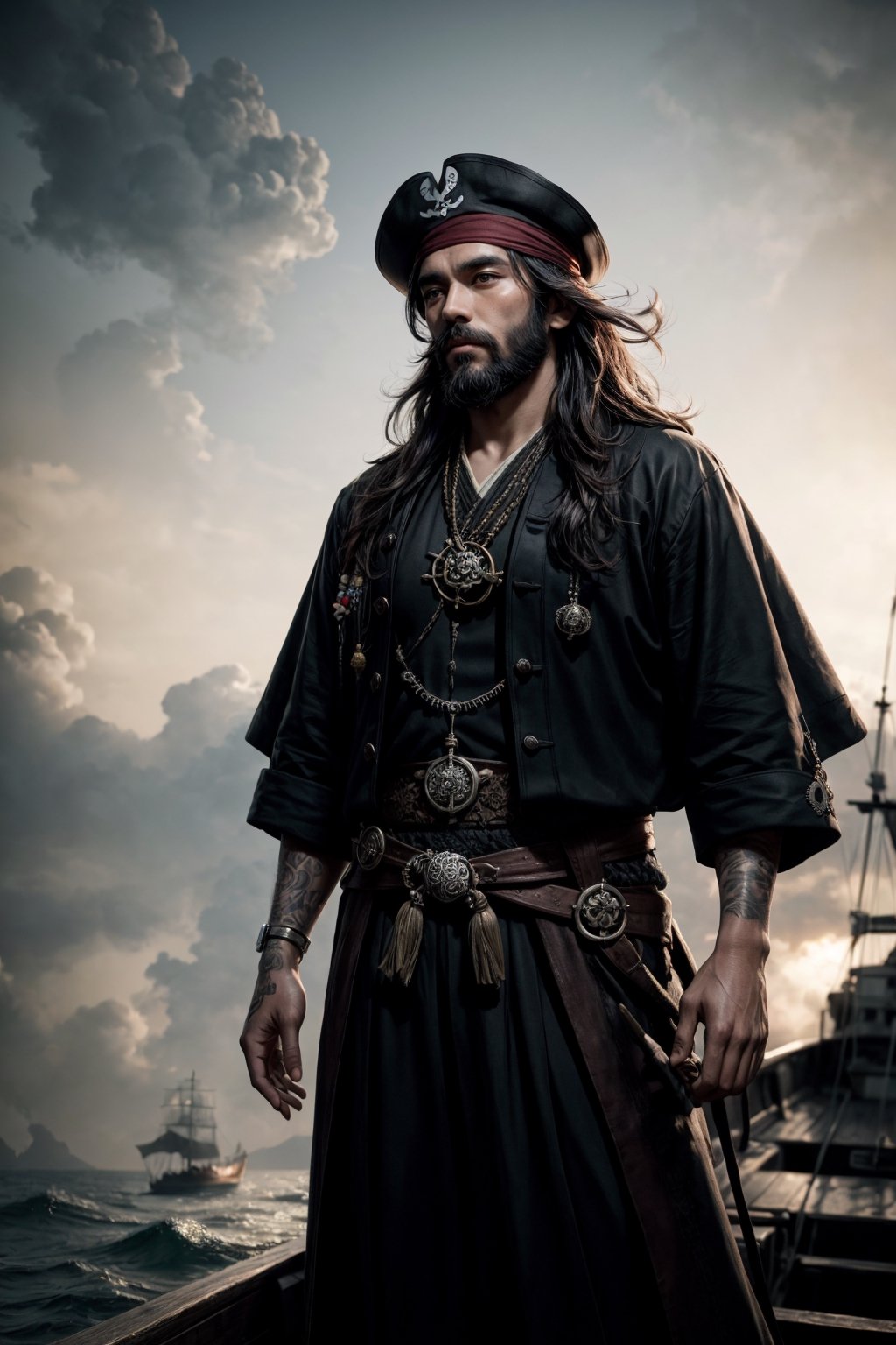 A handsome malayan bearded pirates standing in his ship, wearing traditional black pirates outfit with malayan intricate pattern detail, epic sky background, windy, mist, depth of field, cinematic, masterpiece, best quality, high resolution 