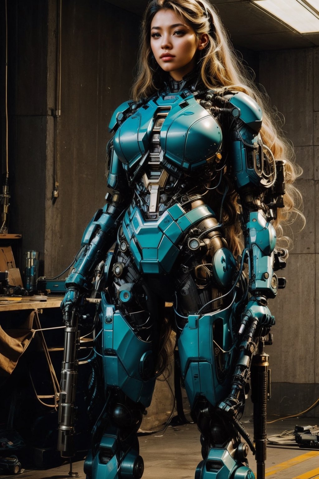 full body portrait of a sci-fi female mecha, holding a gun, cyberpunk, teal and blue, cinematic, masterpiece, Mecha body