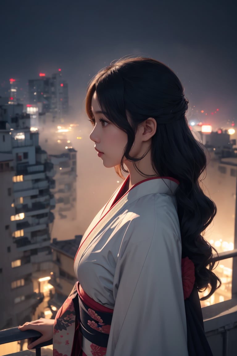 A photograph of a beautiful indonesian girl, wearing kimono with intricate waves pattern detailed, looking at far distance above from apartment balcony with dynamic pose, futuristic city with mist surrounding at midnight background, shallow depth of field, bokeh, into the dark, deep shadow, cinematic, masterpiece, best quality, high resolution, LOFI