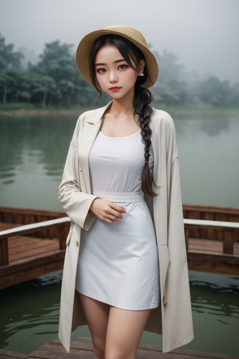 A beautiful indonesian girl, green eyes, braided hairstyles, small breast, thick thighs, wearing a white shirt and a long coat with intricate pattern detail, boater hat, standing in the small lake dock, twilight, rainy, misty, foggy, shallow depth of field, bokeh, cinematic, masterpiece, best quality, high resolution