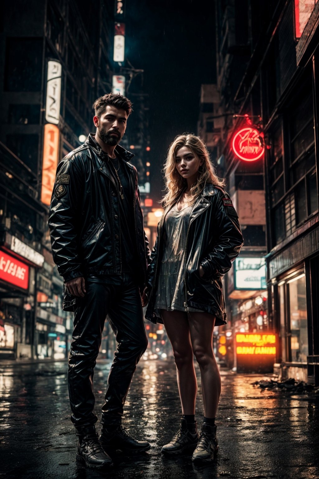 A handsome bearded man and a beautiful woman standing side by side, athletic, wearing military uniform, standing at the ruined cyberpunk city empty street while rain, wet hair and clothes, misty, foggy, shallow depth of field, bokeh, cinematic, masterpiece, best quality, high resolution, neon light
