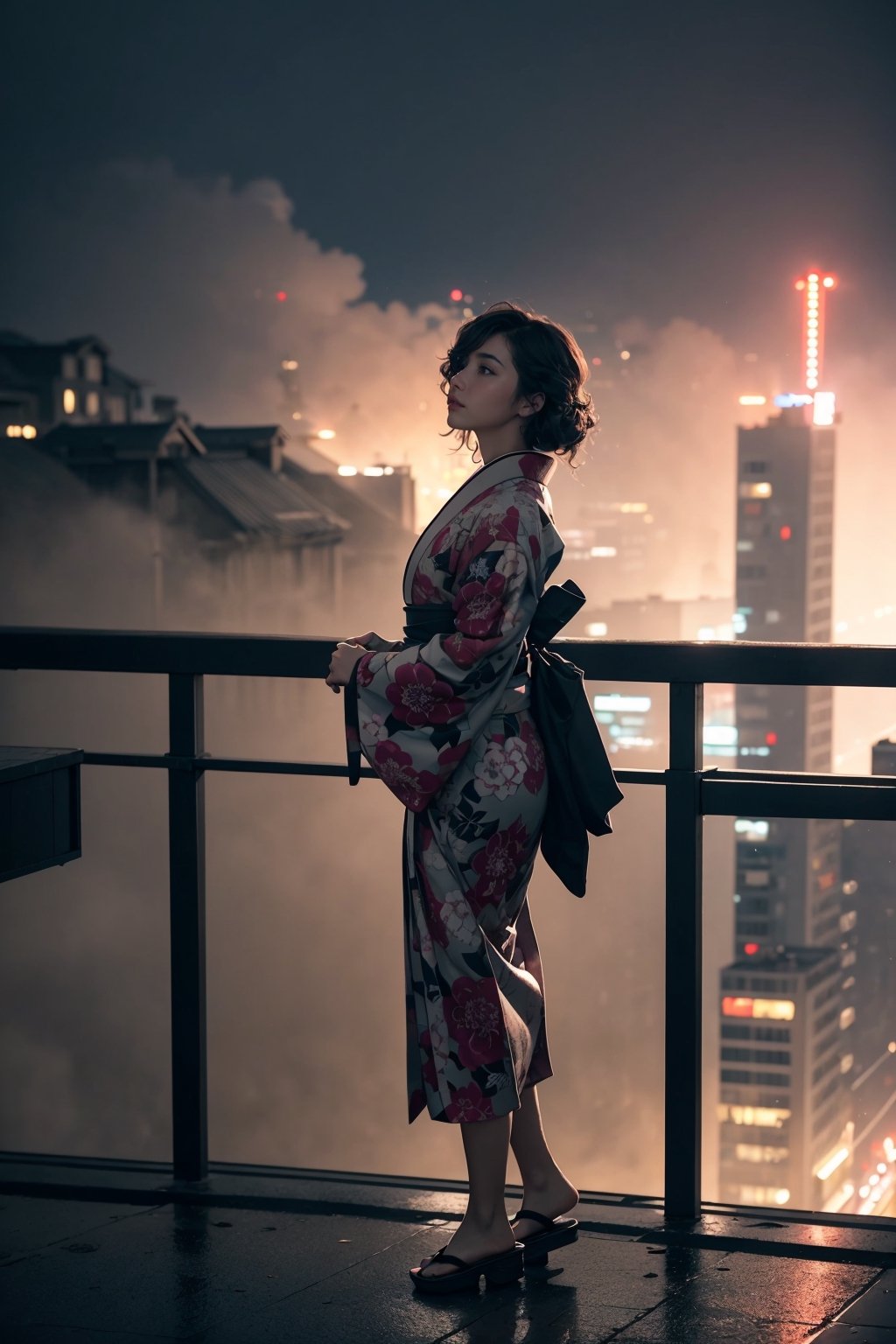 A photograph of a beautiful woman, wearing kimono with intricate waves pattern detailed, geta, looking at far distance above from apartment balcony with dynamic pose, full body, futuristic city with mist surrounding at midnight background, shallow depth of field, bokeh, into the dark, deep shadow, cinematic, masterpiece, best quality, high resolution, LOFI