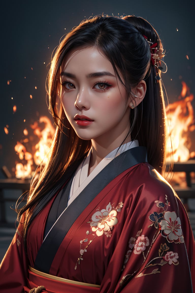  A beautiful young indonesian girl, long straight hair, wearing an elegant traditional kimono flower embroidery, (intricatedetailed on kimono), epic background, Miraculous, Perfect face, small face, small head, (beautiful detailed eyes), symmetrical eyes, (detailed face), slender, dramatic lighting, (8k, photo, masterpiece), (highest quality), (best shadow), (best illustration), ultra high resolution, 8K wallpapers, physically based rendering, photo, realistic, realism, high contrast, hyperrealism, photography, f1.6 lens, intense colors, hyper-realistic realistic texture, (cinestill 800), (detailed face, weapons, fire, glitter), nsfw, (samurai movie theme:1.2)