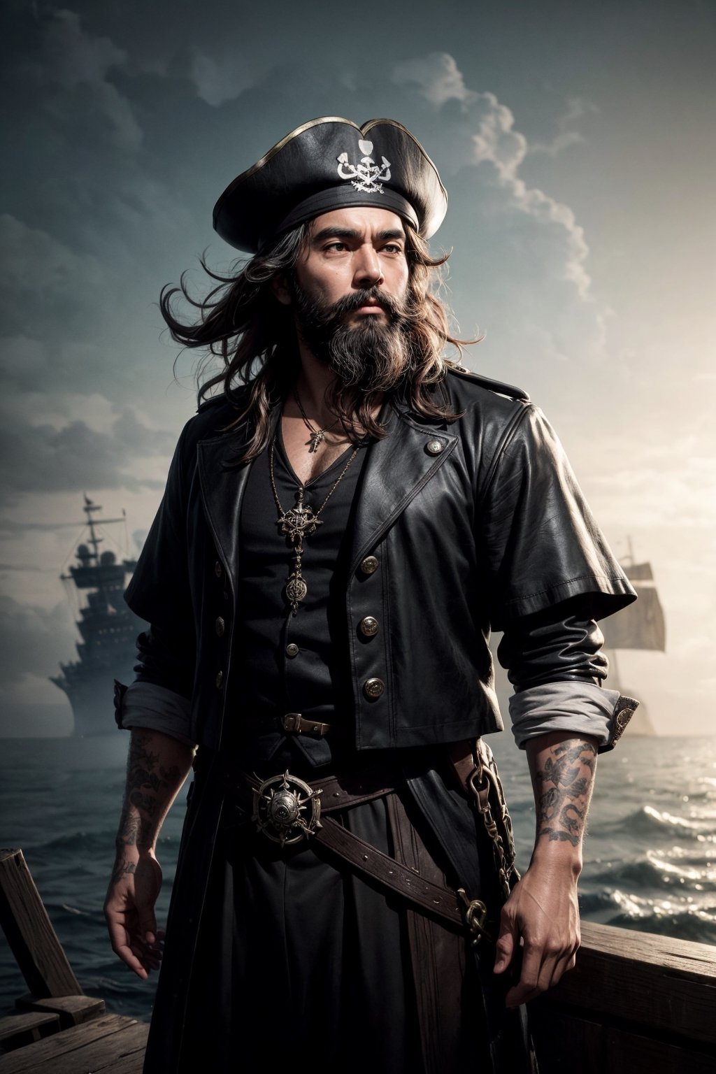 A handsome malayan bearded pirates standing in his ship, wearing traditional black pirates outfit with malayan intricate pattern detail, epic sky background, windy, mist, depth of field, cinematic, masterpiece, best quality, high resolution 