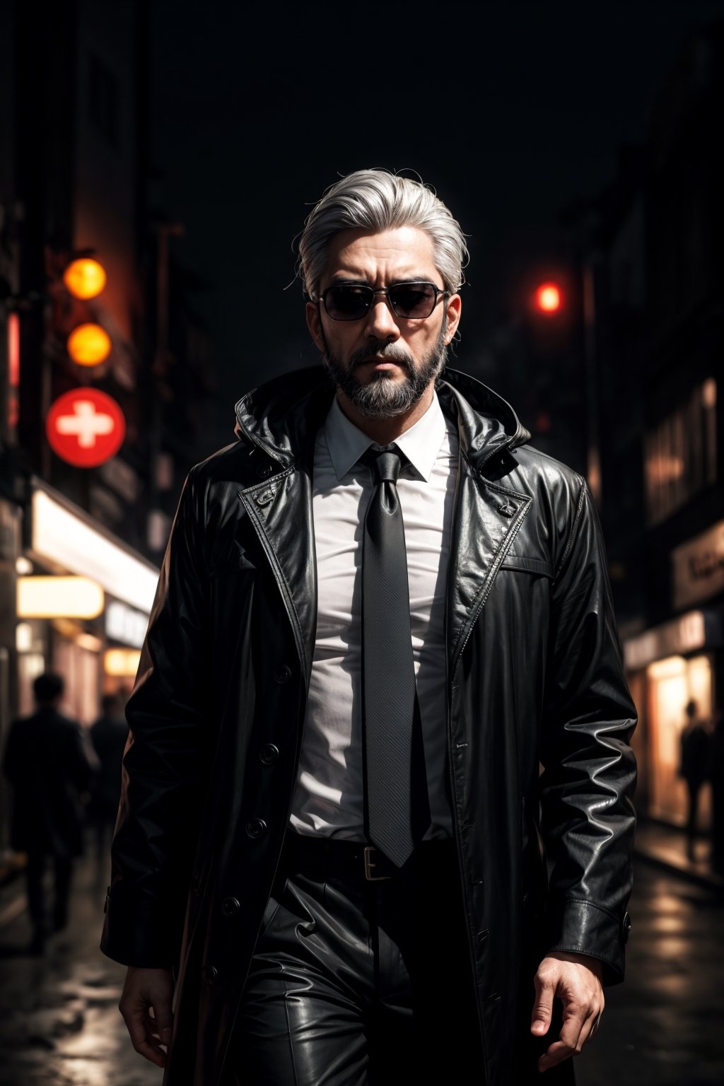 A handsome Indonesian bearded killer with grey hair and sunglasses standing in the dark street corner, wearing tie and suit with black raincoat, epic neon light background, mist, depth of field, cinematic, masterpiece, best quality, high resolution 