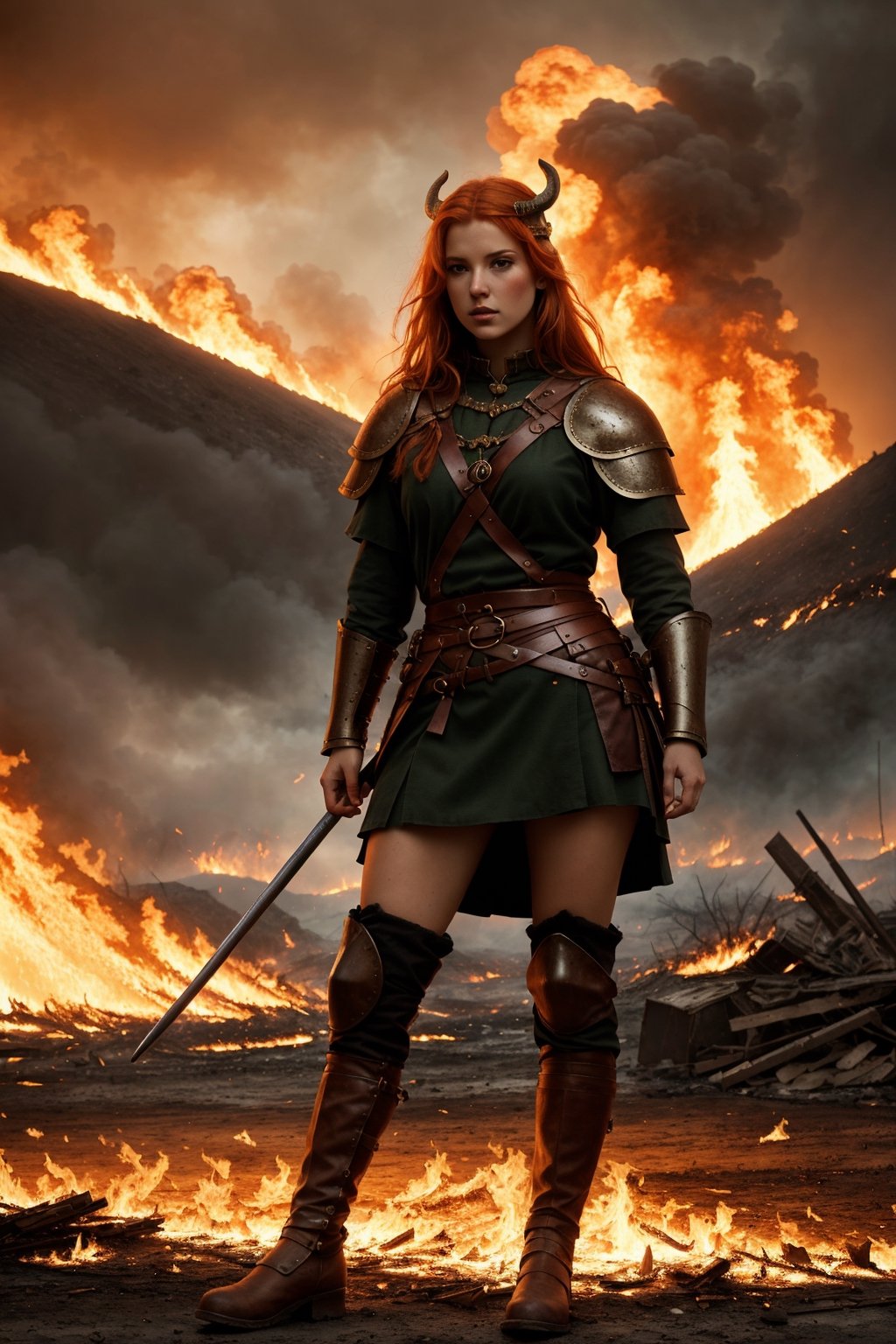 (Detailed depiction, ginger divine viking), In this vivid scene, a ginger-haired female divine viking, her once-proud full plate armor now heavily damaged, stands in melancholic reflection on a war-ravaged battlefield. The backdrop of fire and destruction casts a somber atmosphere, with dirt, misery, and decadence in every corner. The use of tetradic colors enhances the emotional impact, creating a dark and memorable image.