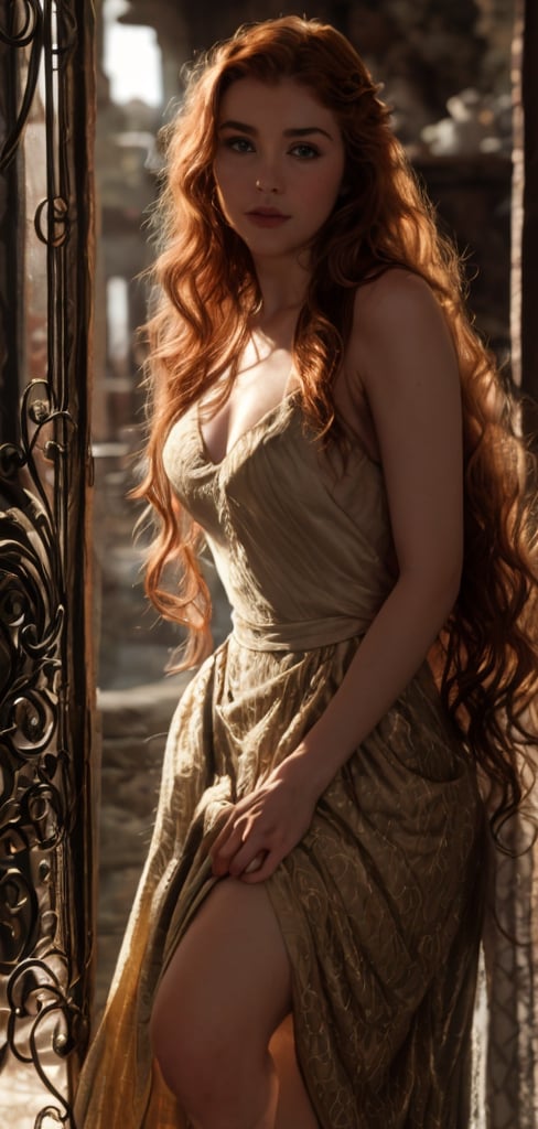 create a photo realistic women with see through dress. Women is lit by golden light, long hair, age 20, russian, astonishing face, beautiful blue eyes, cute nose, she is full back and face to the viewer, long curly hair , hourglass body, evening.photo taken from crouched position.,Game of Thrones