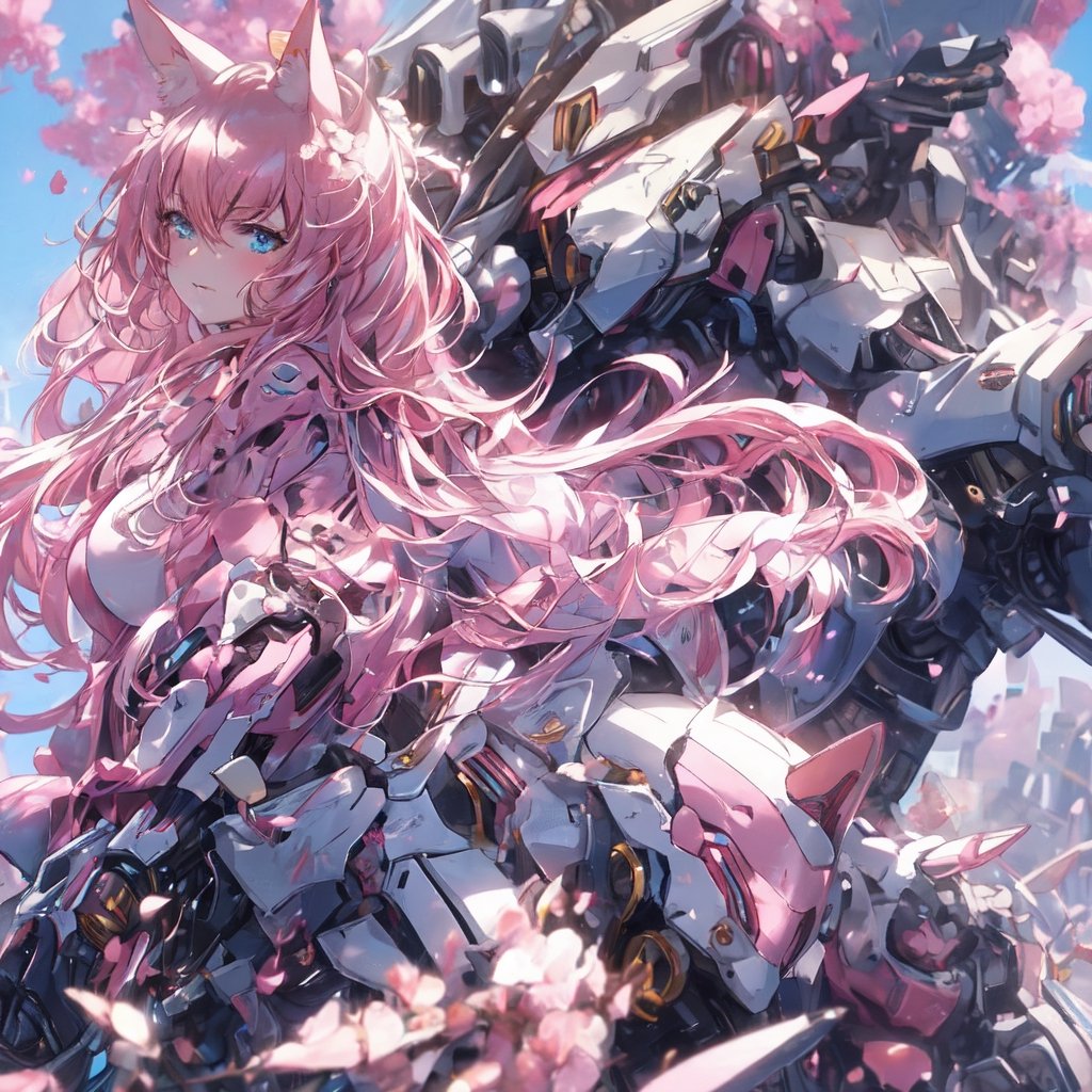 masterpiece,big_breasts,Long hair,pink mecha armor with withe,hair with pink highlights, blue eyes, blue sky,in the background a futuristic city,in the background a futuristic city,cat ears, cat tail