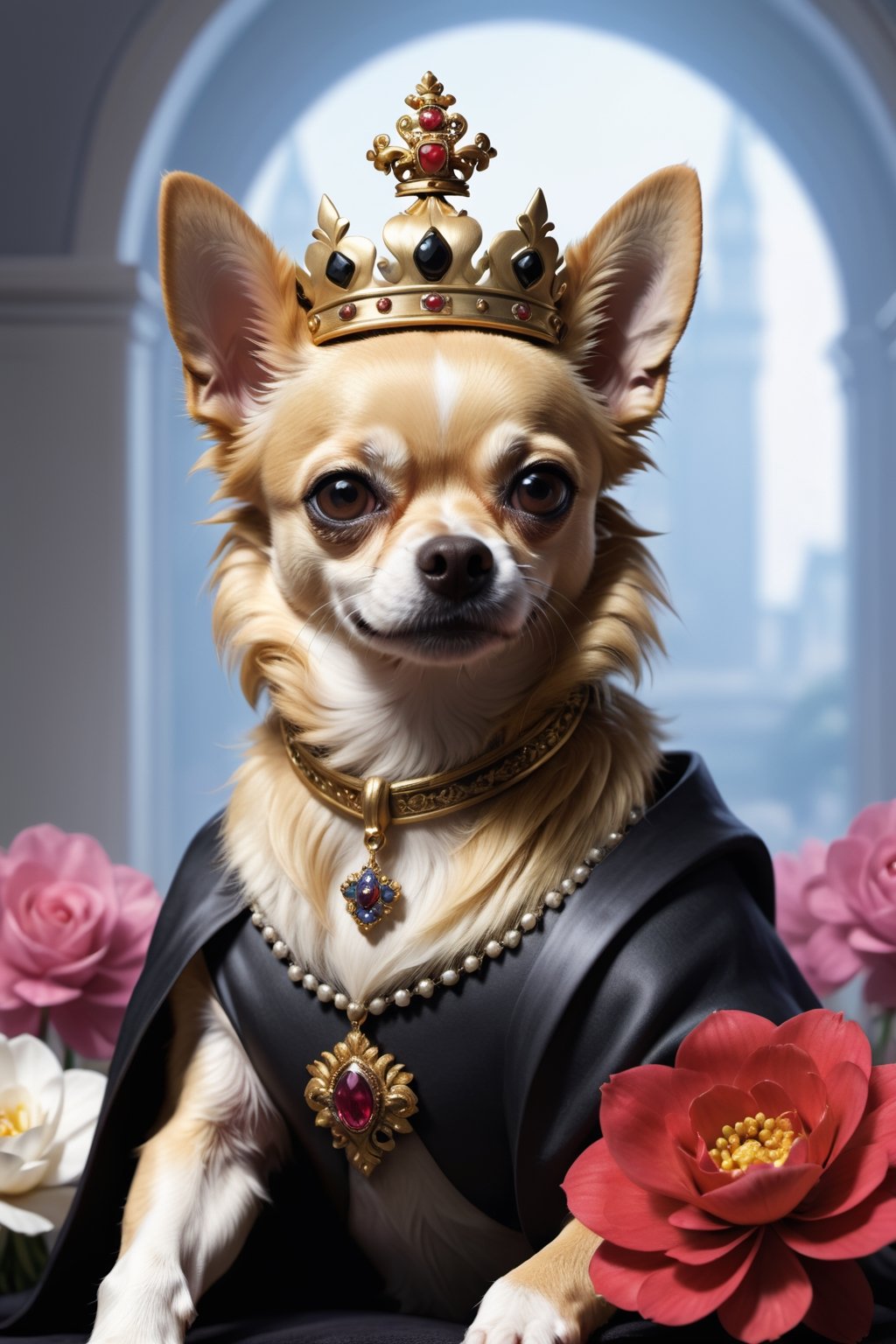 (Masterpiece),  (Best Quality),  (Official Art,  Highly detailed CG unity 8k wallpaper),  (Very detailed),  (((absurdes)),  1 Girl,  Midshot,  (exquisite facial features),  (album cover),  chihuahua dog, black and white fur, royalty, golden emperor crown, emperor clothes, behind a crown of flowers, imposing, anthropomorphic, black and white chihuahua