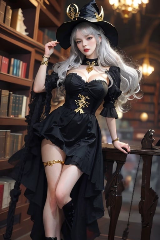 big_breasts, Long hair,  silver hair,  red eyes,  black dress that exposes her leg,  black witch hat with gold ribbon,  in the background a dark library,Dreamwave,yu fuhua
