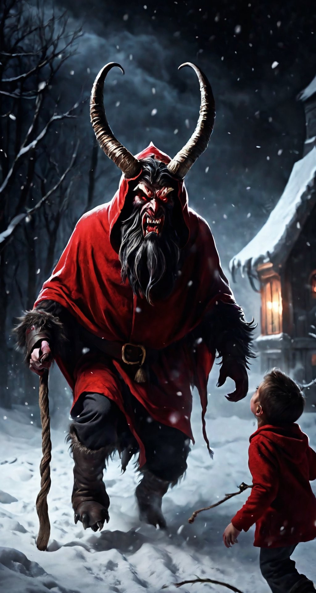 demon, dark atmosphere, krampuscovered in a Santa Claus hood, hunchback, long horns, snow, midnight, monster, a sack on his back full of children, darkart, a chindren scared