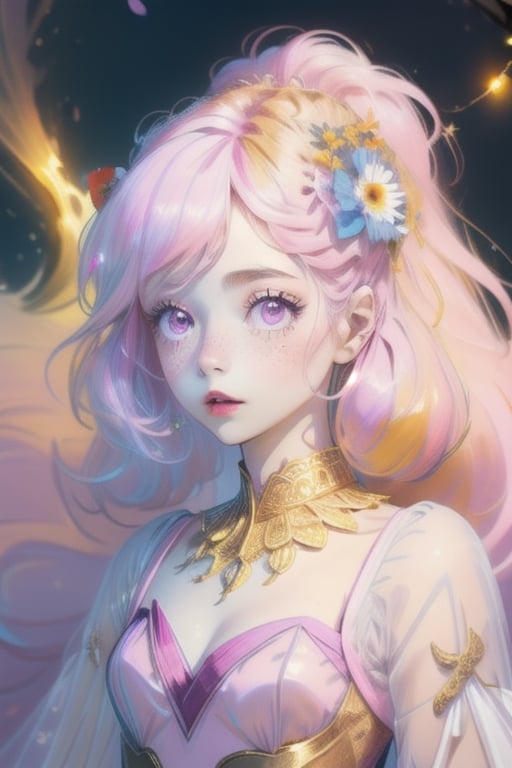 1girl,High detailed,masterpiece,walpaper 8k,8k,light pink hair, light pink eyes, lips, light pink lips, transparent blue dress, blue bow in her hair, fluffy dress, flowers everywhere, golden necklace, small pigtails in her hair,best quality,white skin,4k,very detail,illumination,very_long_hair