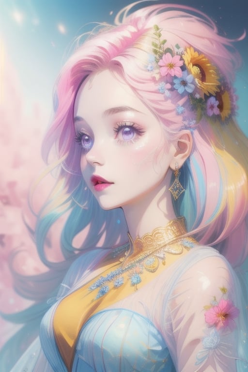 1girl,High detailed,masterpiece,walpaper 8k,8k,light pink hair, light pink eyes, lips, light pink lips, transparent blue dress, blue bow in her hair, fluffy dress, flowers everywhere, golden necklace,flowers in her hair,best quality,white skin,4k,very detail,illumination,very_long_hair,SushangV4