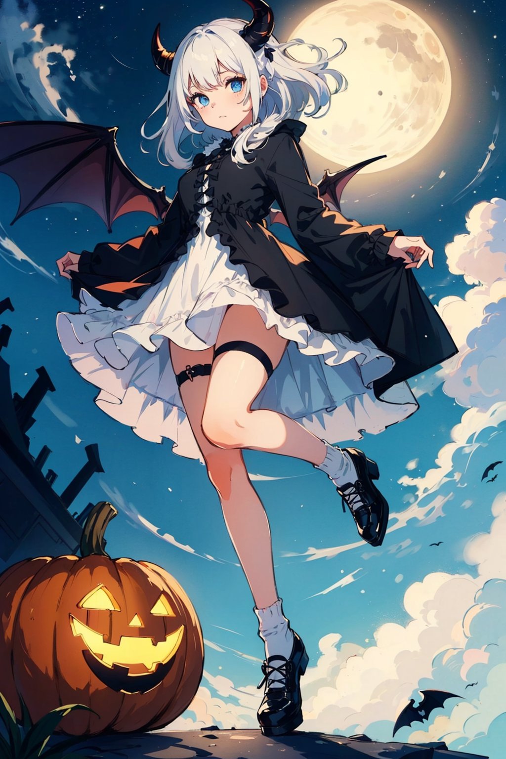 (masterpiece,  best quality,  highres:1.3),  ultra resolution image,  (1girl),  (solo),  ligth white hair,  very_large_hair,  light_blue_eyes,  fluffy dress,  black horns,  sky blue dress,  black shoes with white,  White socks, style halloween, midnight, night, pumpkins around, demon wings