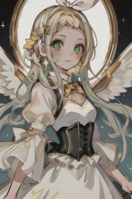 1girl,  High detailed,  masterpiece,  walpaper 8k,  8k,  very_long_hair,  very detail,  4k,  illumination,  best quality,  best illumination,yellow hair, green eyes, white dress with gold glitter and corset, black angel wings,Kagamine Rin