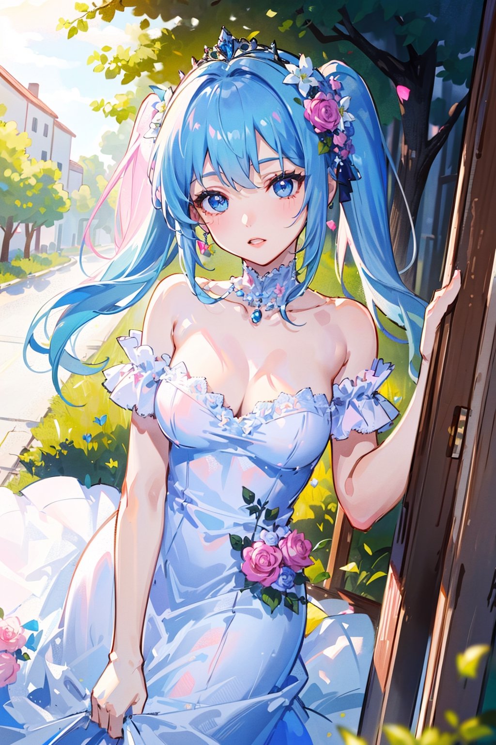 (masterpiece,  best quality,  highres:1.3),  ultra resolution image,  (1Girl),  (solo),  light blue hair, light blue eyes, fluffy dress, white dress, mermaid style, pink flowers on her head, pink flowers on her dress, a pearl tiara on her head, under a tree of pink flowers, pigtails in hair, roses