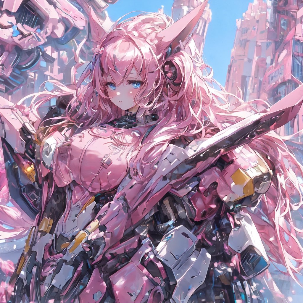 masterpiece,big_breasts,Long hair,pink mecha armor with withe,hair with pink highlights, blue eyes, blue sky,in the background a futuristic city,in the background a futuristic city,cat ears