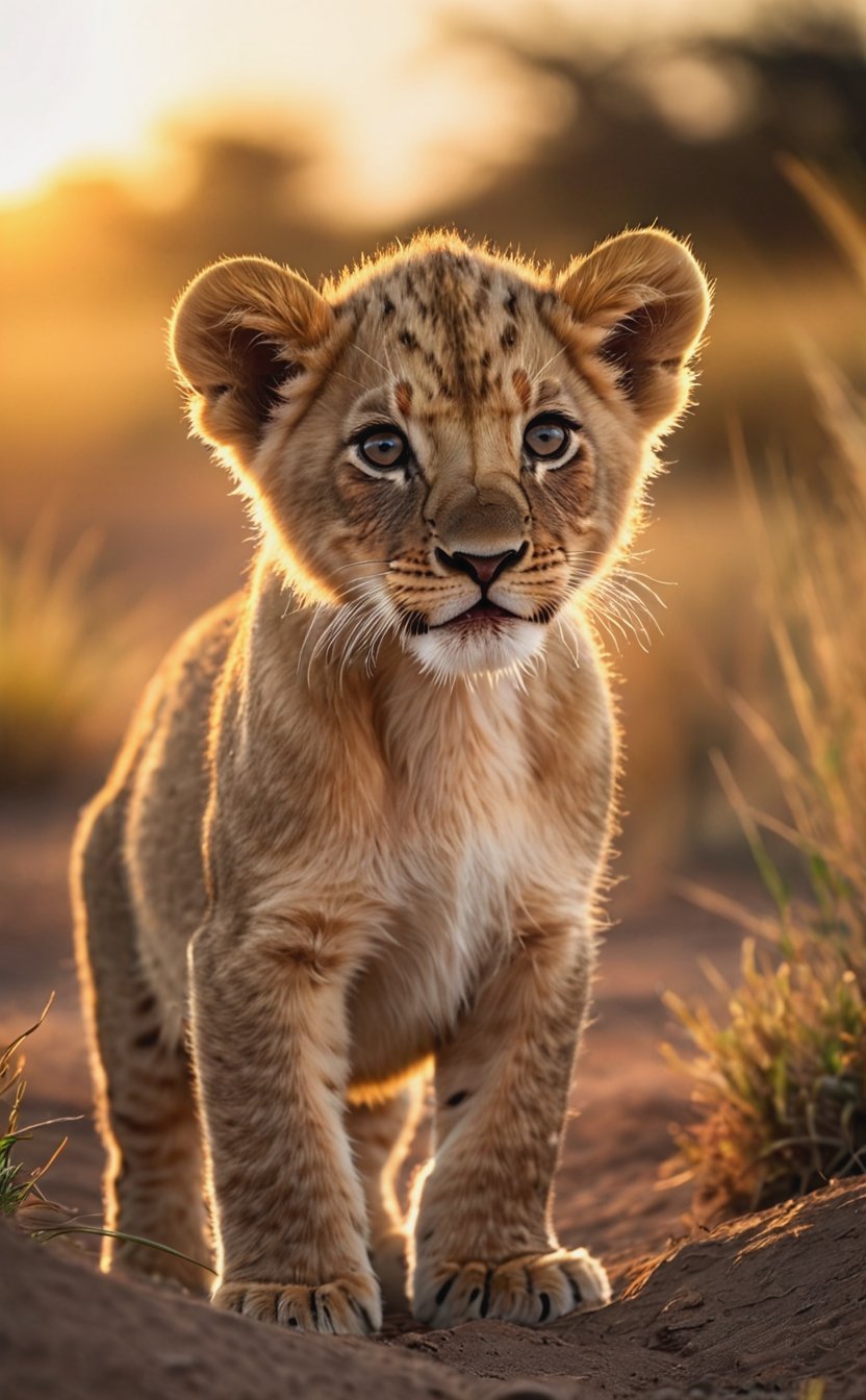 high perspective camera view, natural photo of a little lion cub, in african savanna, sunrise, sunny day, macro, soft warm lighting, soft shadows, dark noir, hyper detailed, (masterpiece, best quality:1.4), ultra realistic photography, sharp focus, shallow depth of field detailed background, ray tracing reflection, bokeh, art by unsplash, 16k
