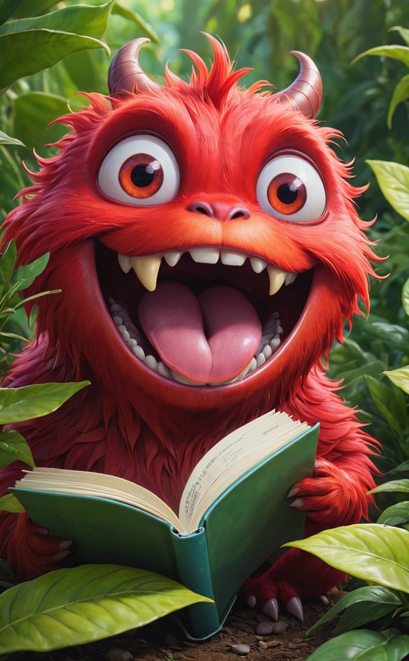 masterpiece, botanic art, illustration cute red monster cartoon character, botanical art book, plant, half-closed eyes, open mouth, tongue out, saliva, drooling, colorful, sharp focus, realistic masterpiece, high quality, shallow depth of field detailed background,