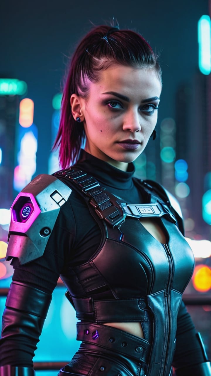 RAW photo, a Cyberpunk girl, sharp focus, depth of field city background, best quality, upper body, 16k resolution,