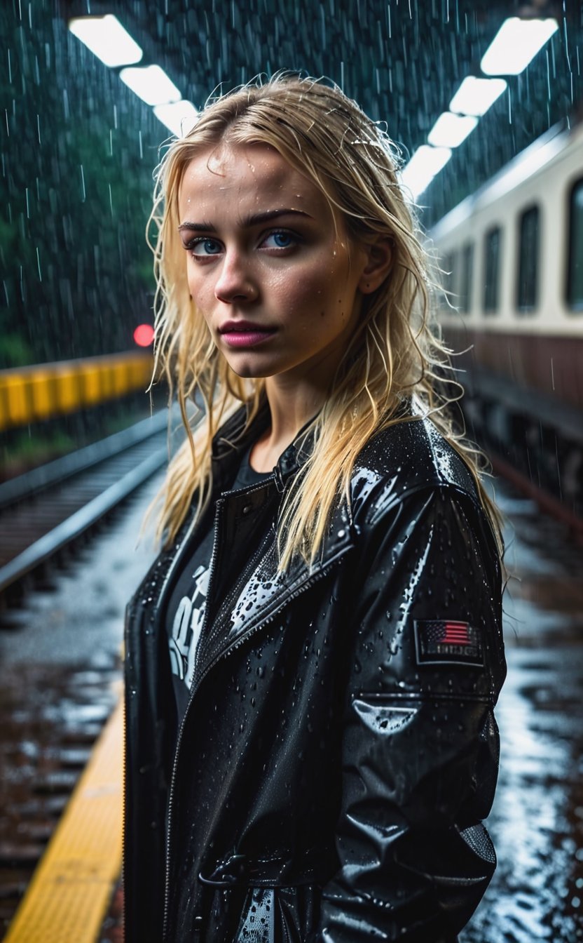 Raw photo of a blonde girl, stand near train, rain, wet, dark noir, horror. Futuristic outdoor. Realistic, warm studio lighting, sharp focus, colorful, depth of field, best quality, focus F/2 105mm Wide lens, simple background, ISO 100, 16k resolution.