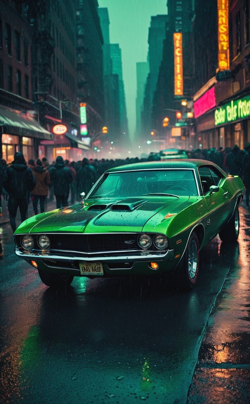 RAW photo of a retro muscle car, green paint, New-York city, posing for poster, dark night, wet, droplets, crowd peoples, neon, fashion, dark noir, stage, cinematic, sharp focus, best quality, colorful, (fractal:1.2). The background should feature a blurred, out-of-focus rain street to emphasize as the main focus of the image. The lighting should be warm and inviting, highlighting the rich colors of its flesh and clothing. Use a high-resolution camera with a fast shutter speed to capture every detail and its surroundings. 55-105mm f/2.2 M lens,