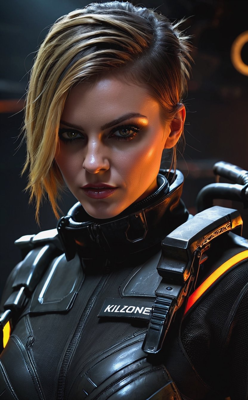 Close-up face shot, (Killzone game style), (hellgast style), a girl mechanic, nude, close-up face, detailed hair, holding a work tools, aesthetic body, detailed costume, dark noir, neon, best quality, 4K resolution, hellgast suit