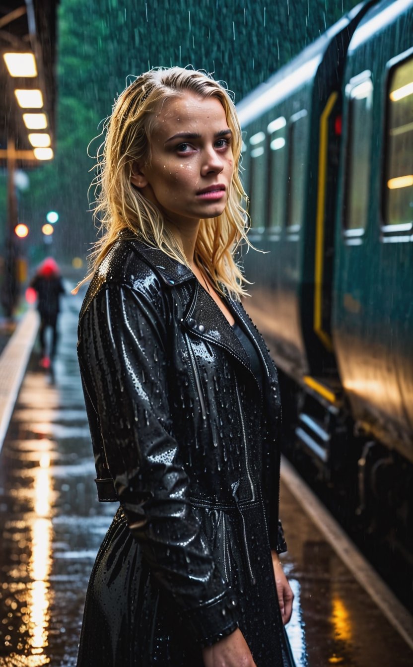 Raw photo of a blonde girl, stand near train, rain, wet, dark noir, horror. Futuristic outdoor. Realistic, warm studio lighting, sharp focus, colorful, depth of field, best quality, focus F/2 105mm Wide lens, simple background, ISO 100, 16k resolution.