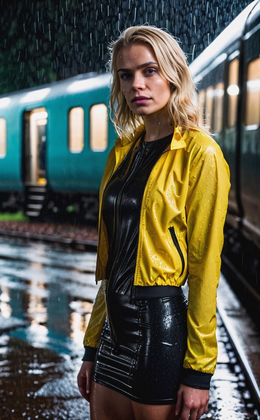 Raw photo of a blonde girl, stand near train, rain, wet, dark noir, horror. Futuristic outdoor. Realistic, warm studio lighting, sharp focus, colorful, depth of field, best quality, focus F/2 105mm Wide lens, simple background, ISO 100, 16k resolution.