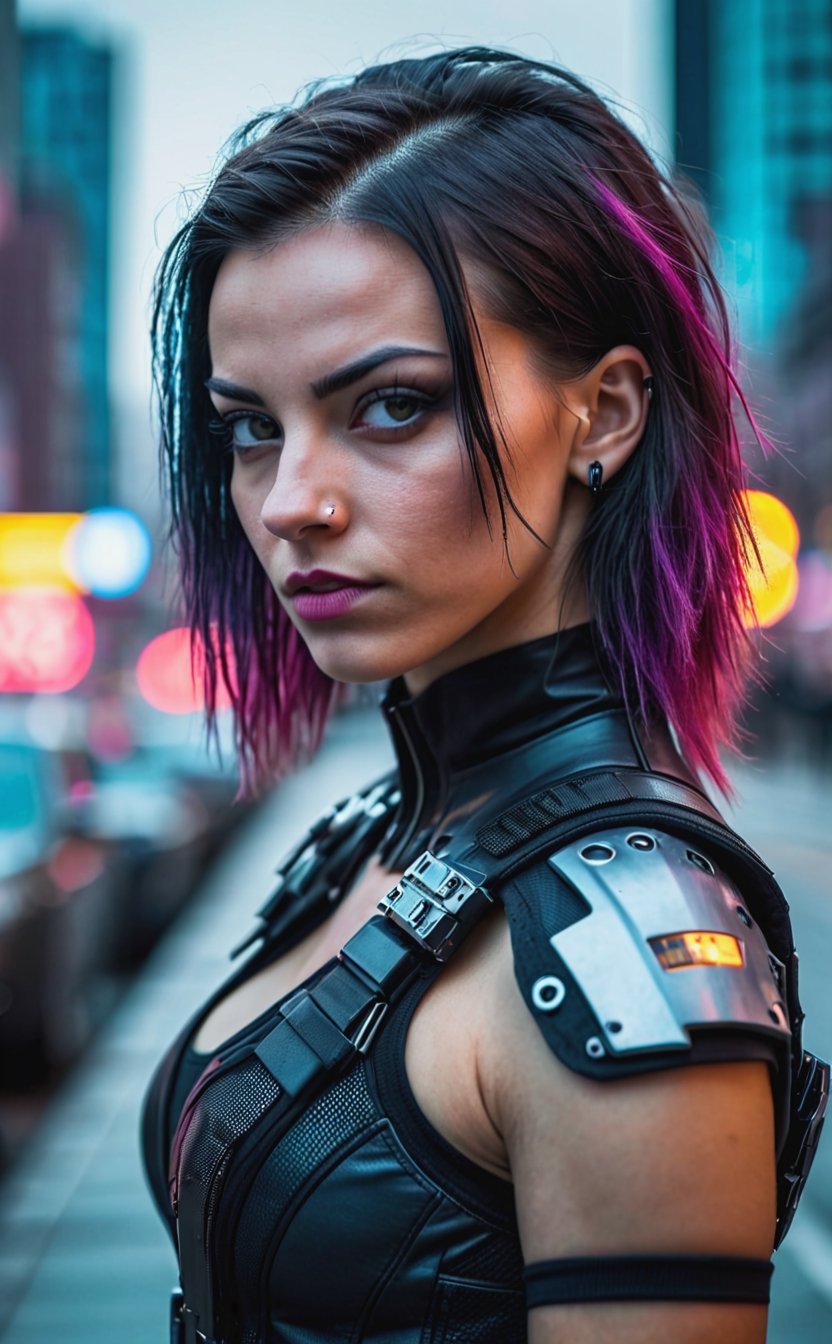 RAW photo, a Cyberpunk girl, sharp focus, depth of field city background, best quality, upper body, 16k resolution,