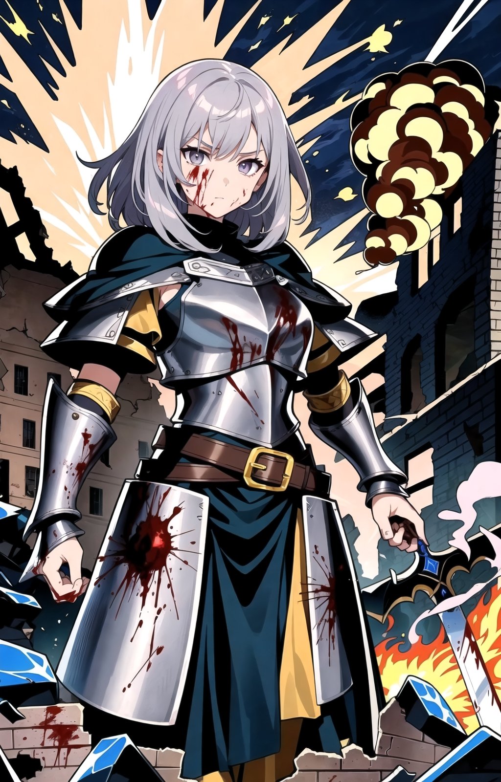 (masterpiece, best quality), intricate details, 1girl, beautiful girl, narrow_waist, toned, breasts, medium_breasts, eyes, ((((silver_eyes)))), ((((gray_eyes)))), hair, medium_hair, (((silver_hair))), mercenary, ((fantasy)), armor, belt, bracer, breastplate, scenery, shield, sword, weapon, fire, flame, standing, ((blood, blood_on_face)), ((((destruction, city, scenary, medieval, ruins)))), ((war)), ((building, explosion, battle, ruins, smoke)) 