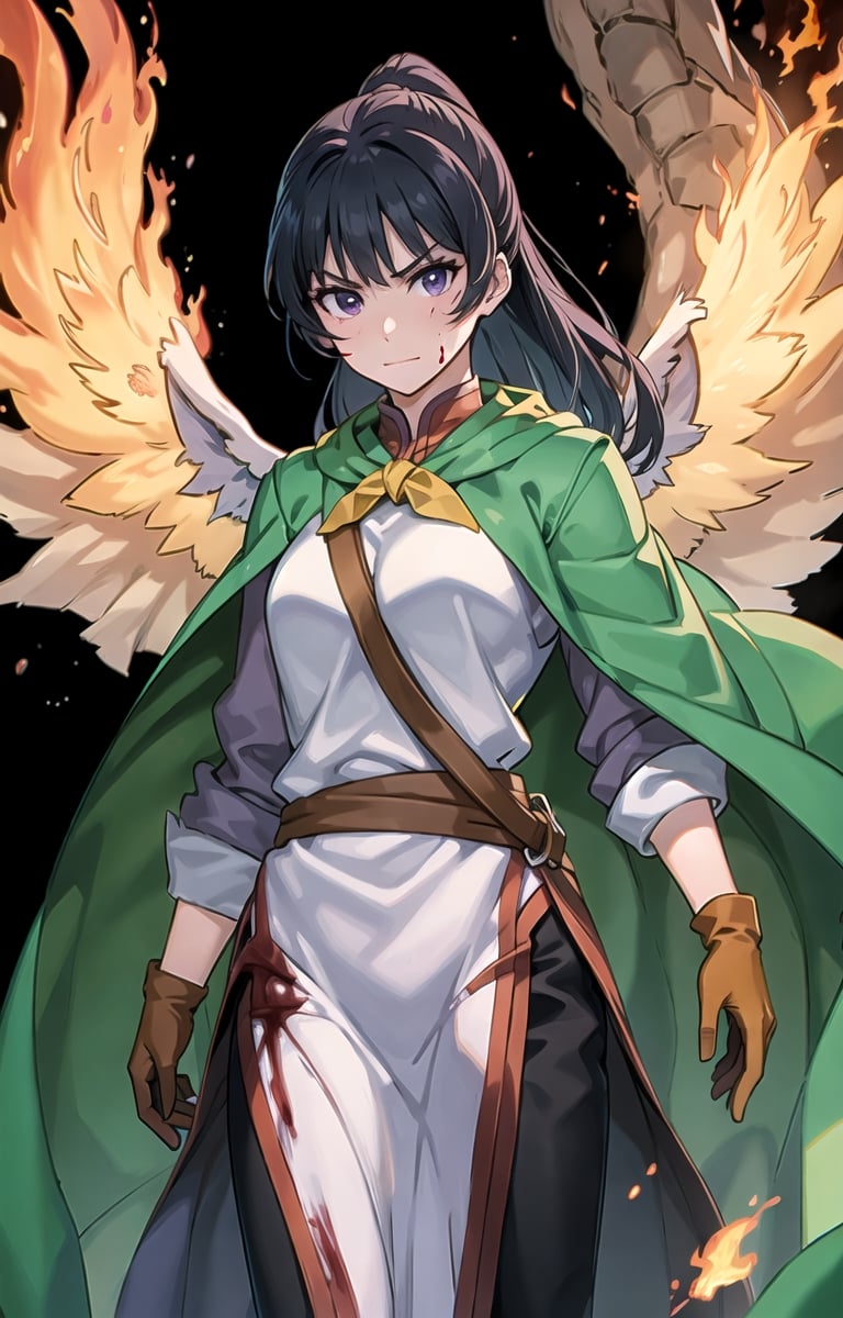 ((((masterpiece, best_quality)))), (anime), FighterGS, 1girl, solo, long hair, black hair, purple eyes, ponytail, shirt, black pants, (cape, green_cape), (gloves, green_gloves), (((flame, fire,fiery_background))), ((phoenix, phoenix_wings)), ((fiery_wings)), ((blood, blood_on_face)), standing, looking-at-viewer, resurrection, alternate_element, fighting_stance, battle_stance, fighting_stance, serious, clenched_hand