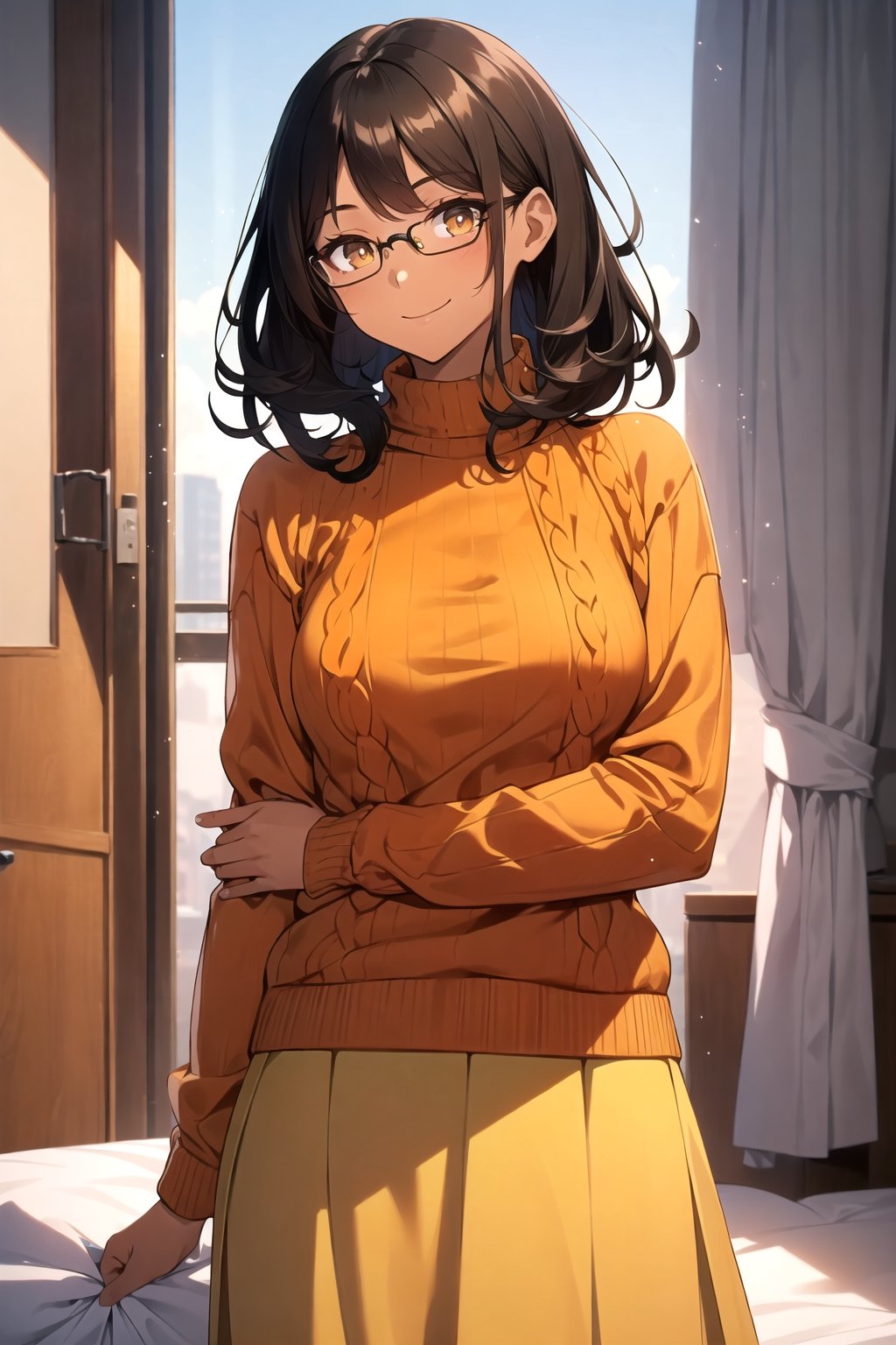 1girl, toned, ((((brown_skin)))), narrow_waist, hair, short_hair, messy_hair, ((((black_hair)))),eyes, (((light_brown_eyes))), breasts, ((tiny_breasts)), ((((meganekko)))), ((((sweater, orange_sweater, sweater_dress)))), ((((skirt, long_skirt, yellow_skirt)))), solo, solo_female, room, bedroom,  wardrobe, smille, light_smile, standing, ((((arm_at_side))))