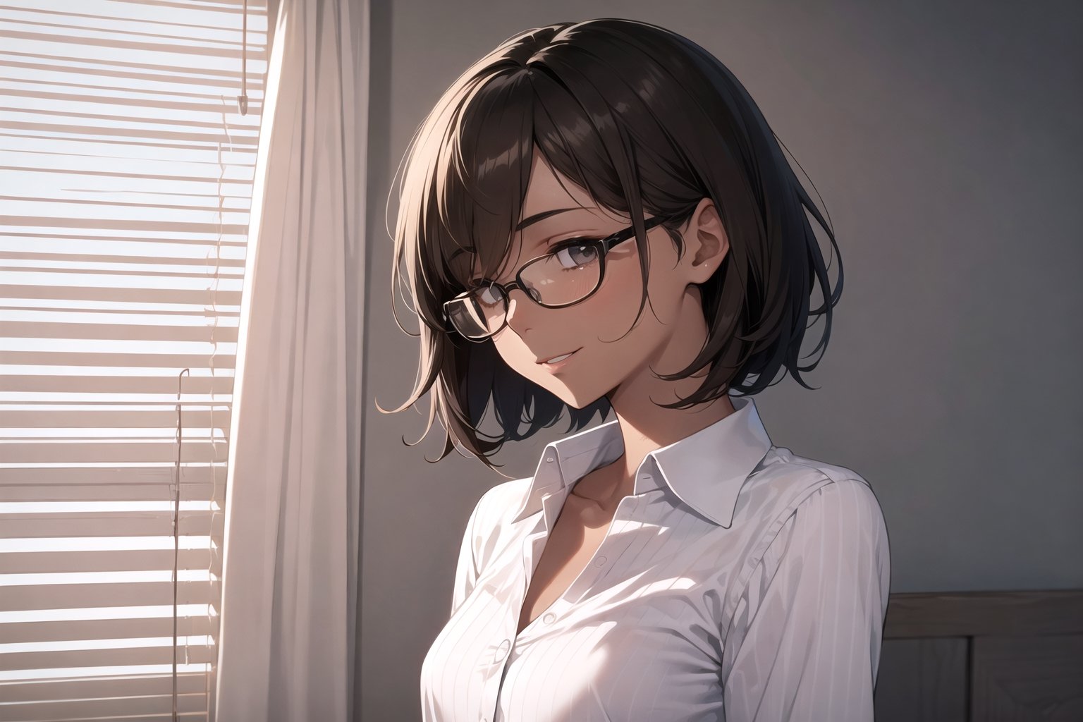 1girl,  ((((skin, brown_skin)))), (((breasts, small_breasts))), glasses, solo, shirt, white_shirt, upper_body, black_hair, smile, manly, closed_mouth, looking_at_viewer, striped, simple_background, collared_shirt, signature, close-up, stubble, long_sleeves, black_eyes, vertical_stripes, black-framed_eyewear, white_background, light, brown_eyes, photo, bangs, collarbone, grey_background,  face, backlighting, brown_hair, sketch, blinds, dress_shirt, eyebrows, real_life_insert, facing_viewer, striped_background, open_clothes, closed_eyes, portrait, looking_to_the_side, character_name, wing_collar, indoors, lips, sunlight, grey_eyes, solo, solo_female