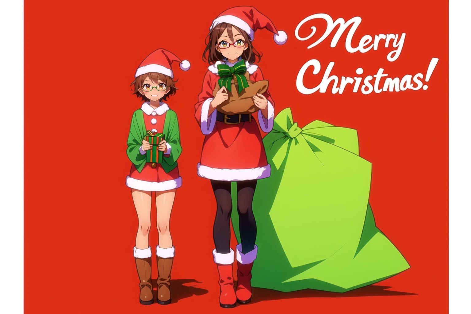 1girl, toned, narrow_waist, ((((brown_skin)))), hair, black_hair, short_hair, (messy_hair), eyes, light_brown_hair, merry_christmas, present, presents, childs, smile, light_smile, boots, christmas, christmas_present, jacket, pantyhose, skirt, older_female, santa_hat, christmas_hat, xmas_hat, santa_costume, sack, holding_sack, older_male, tall, glass, ((((meganekko))))