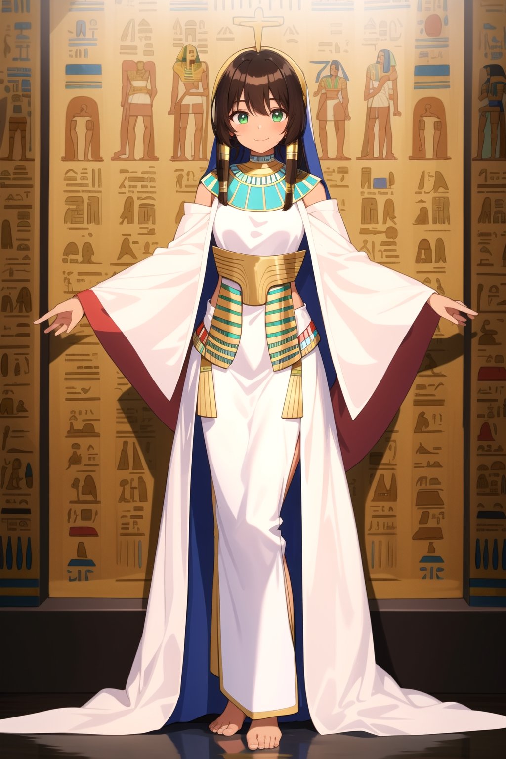 1girl, narrow_waist, ((((brown_skin)))), hair, (((black_hair))), medium_hair, breasts, ((small_breasts)), eyes, green_eyes, ((emerald_eyes)), egyptian, ancient_egyptian, ((((egyptian_clothes)))), ankha, ankh_necklace, ((((robe)))), ((((white_robe)))), solo, female_solo, ((((priest)))), standing, smile, (((arms_at_sides))), 